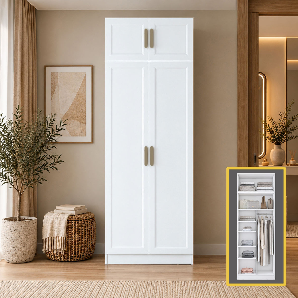 Rani BA419 Membran Kapaklı Gardırop 2 Kapaklı 6 Raflı Askılı Elbise Dolabı Beyaz