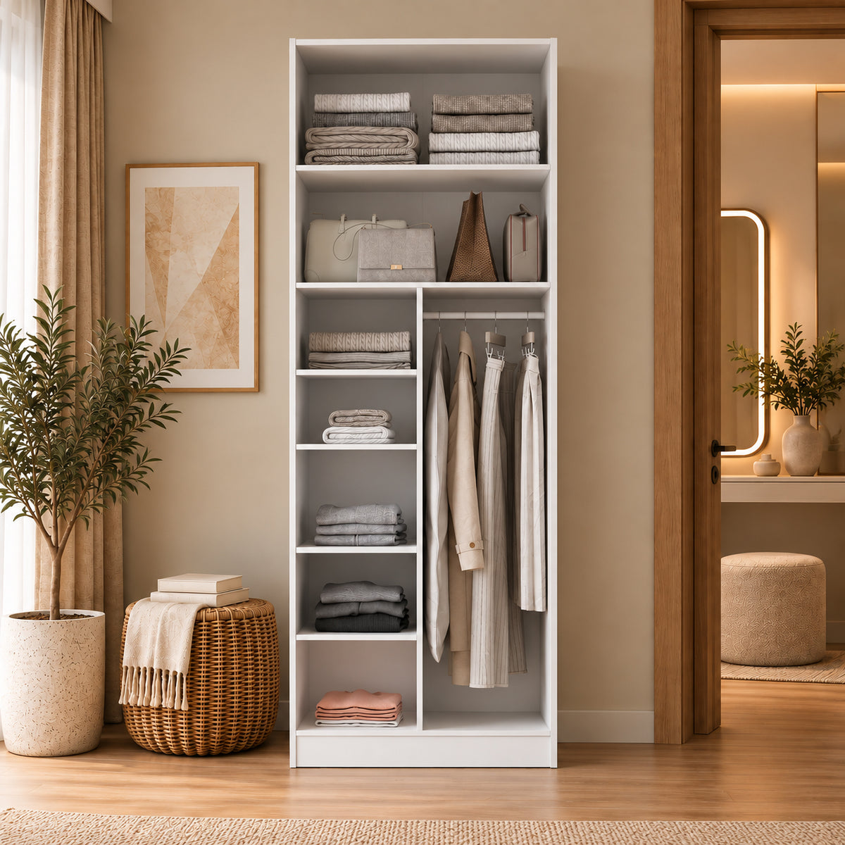 Rani BA419 Membran Kapaklı Gardırop 2 Kapaklı 6 Raflı Askılı Elbise Dolabı Beyaz