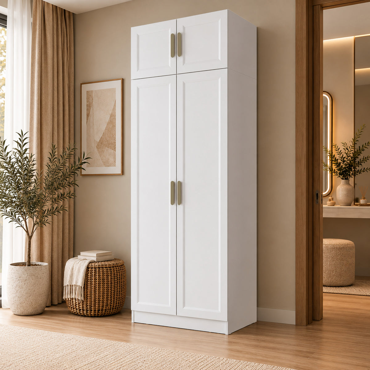 Rani BA419 Membran Kapaklı Gardırop 2 Kapaklı 6 Raflı Askılı Elbise Dolabı Beyaz