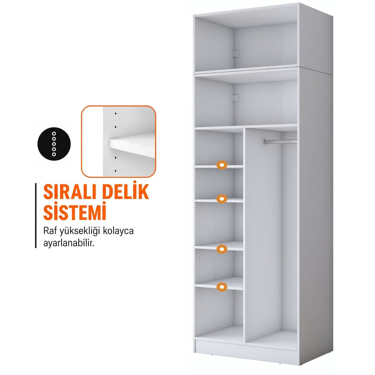 Rani BA419 Membran Kapaklı Gardırop 2 Kapaklı 6 Raflı Askılı Elbise Dolabı Beyaz