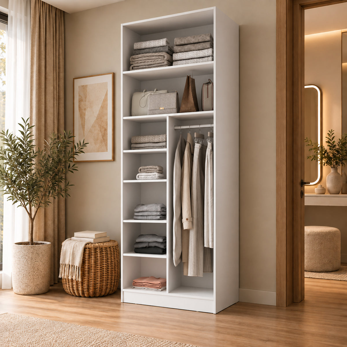 Rani BA419 Membran Kapaklı Gardırop 2 Kapaklı 6 Raflı Askılı Elbise Dolabı Beyaz