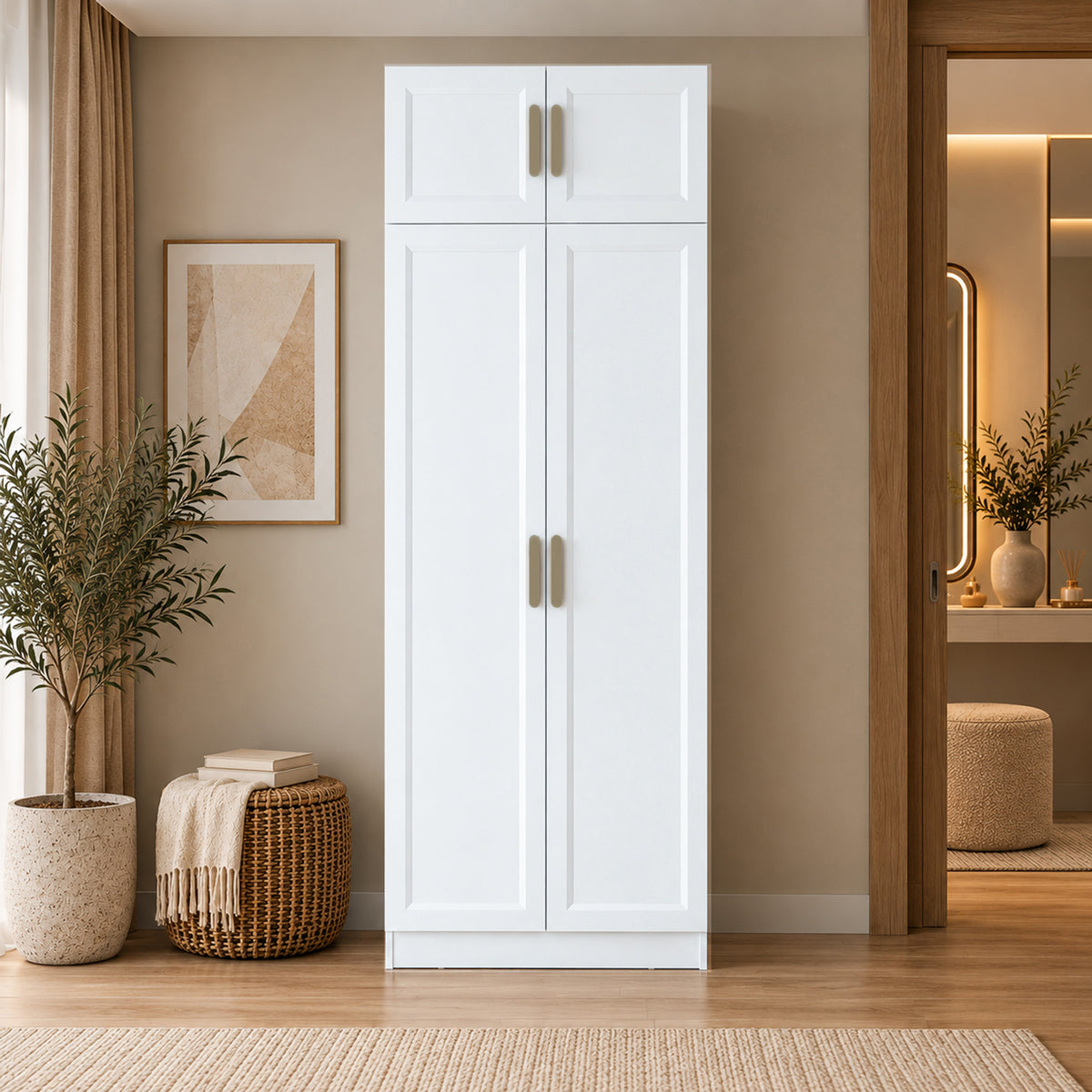 Rani BA419 Membran Kapaklı Gardırop 2 Kapaklı 6 Raflı Askılı Elbise Dolabı Beyaz