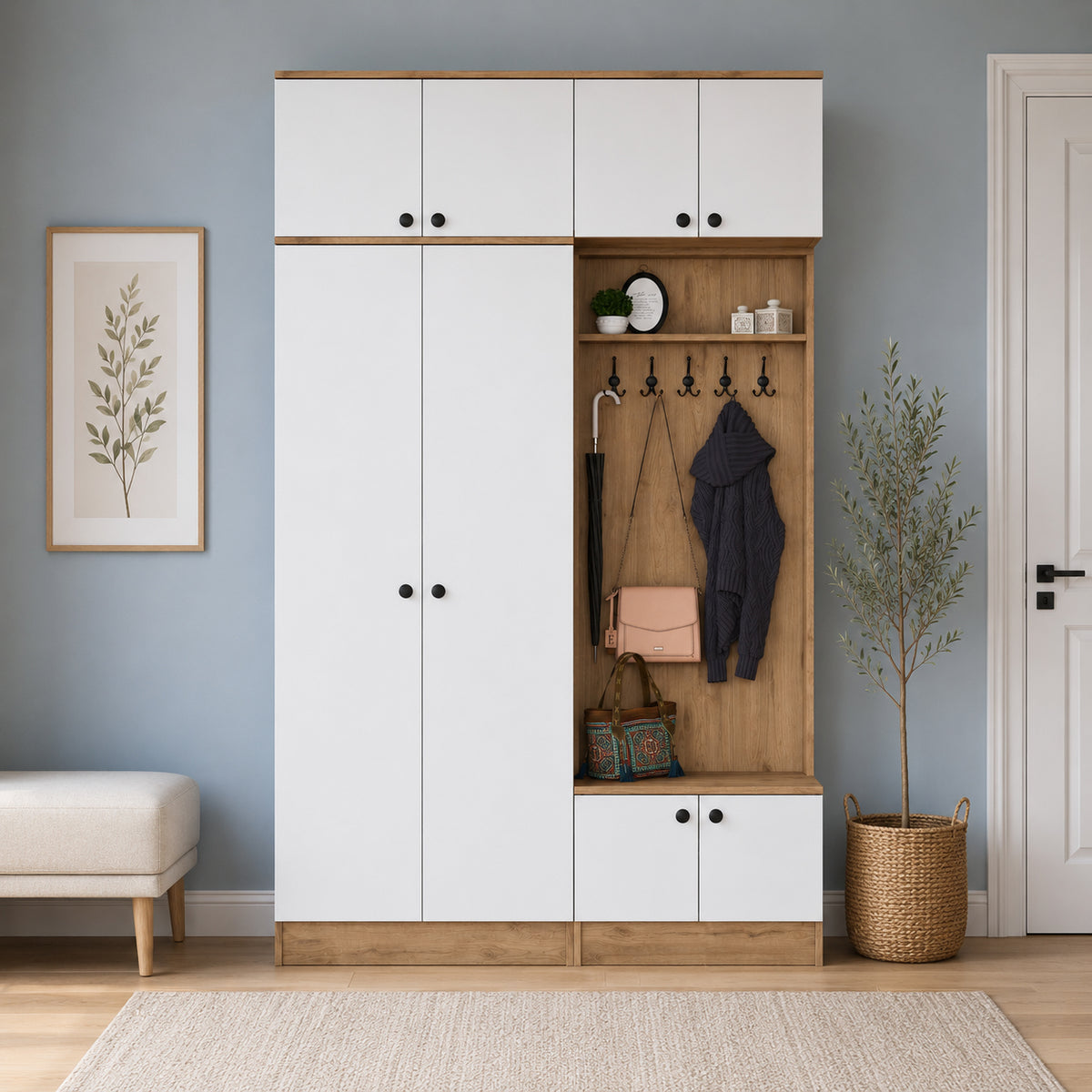 Rani EA170 Modern Portmanto 8 Kapaklı Raflı Askılı Ayakkabılık Vestiyer Sepet Ceviz - Beyaz