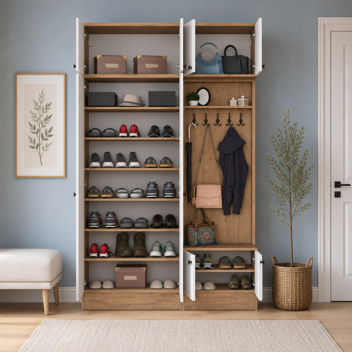 Rani EA170 Modern Portmanto 8 Kapaklı Raflı Askılı Ayakkabılık Vestiyer Sepet Ceviz - Beyaz