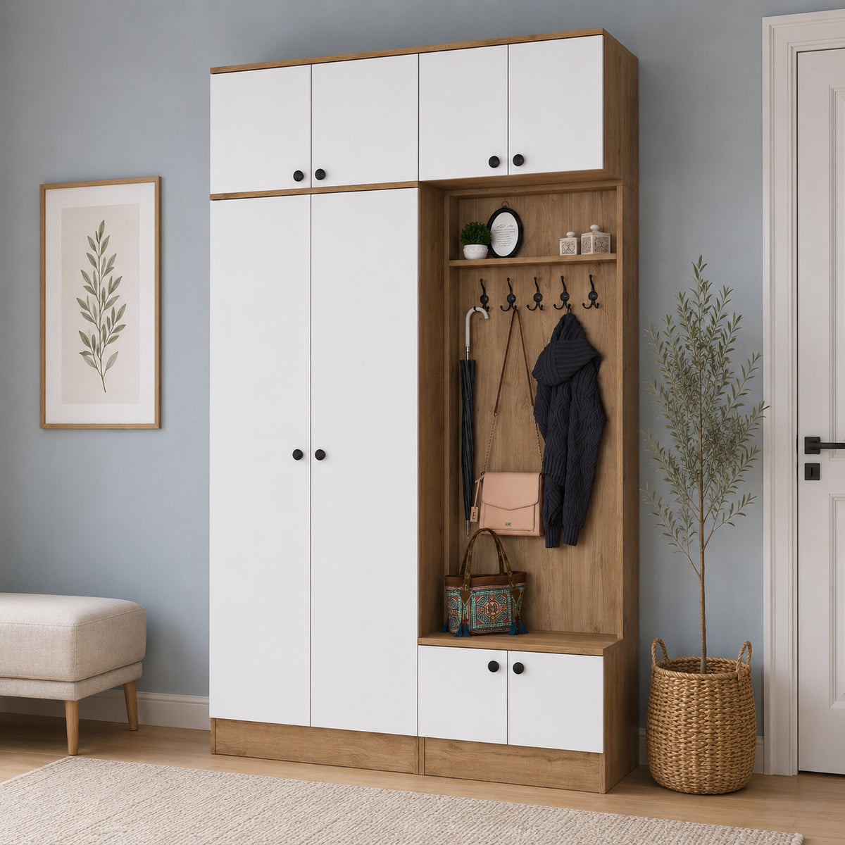 Rani EA170 Modern Portmanto 8 Kapaklı Raflı Askılı Ayakkabılık Vestiyer Sepet Ceviz - Beyaz