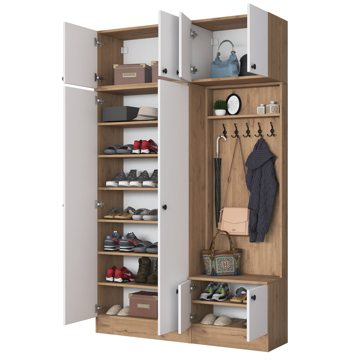 Rani EA170 Modern Portmanto 8 Kapaklı Raflı Askılı Ayakkabılık Vestiyer Sepet Ceviz - Beyaz