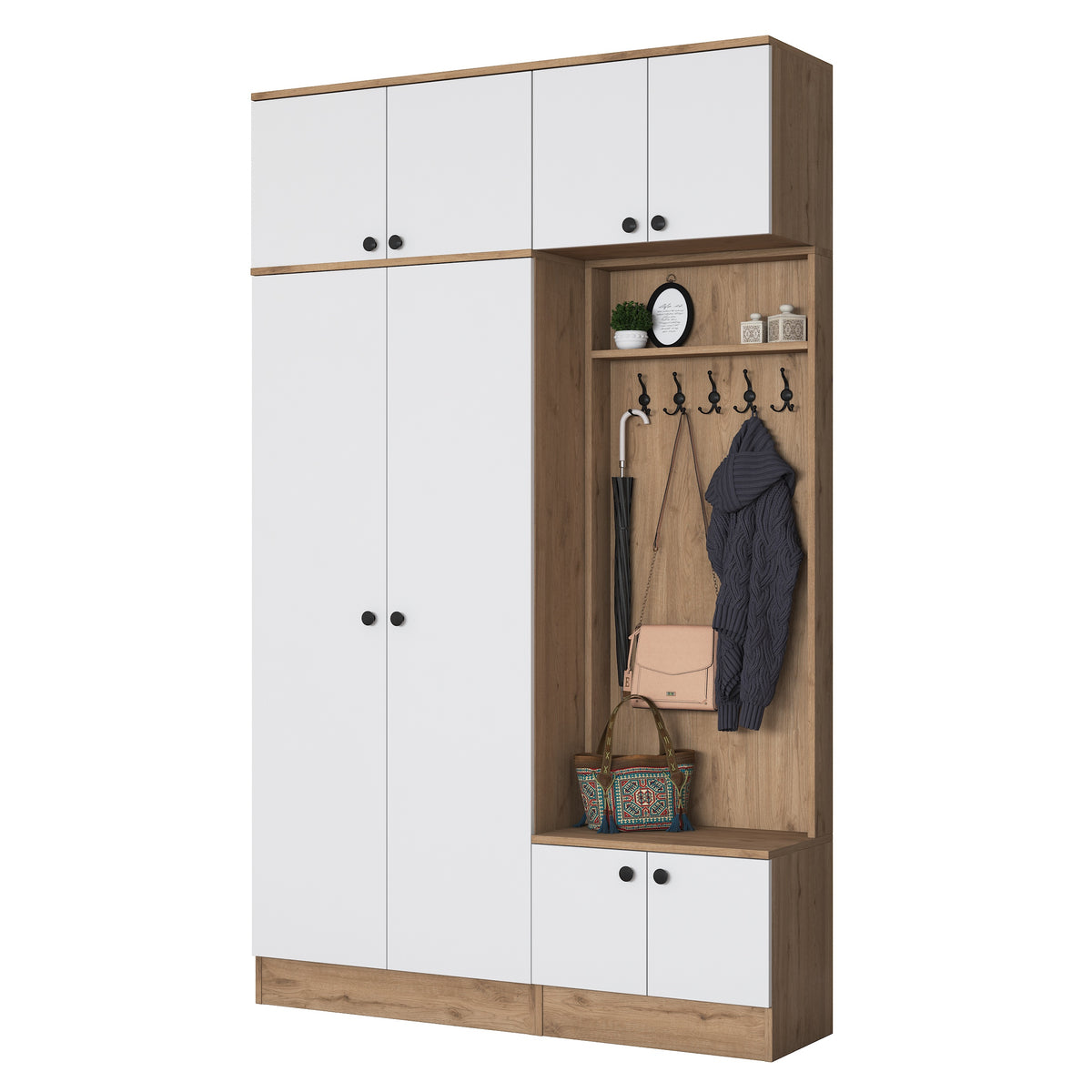 Rani EA170 Modern Portmanto 8 Kapaklı Raflı Askılı Ayakkabılık Vestiyer Sepet Ceviz - Beyaz