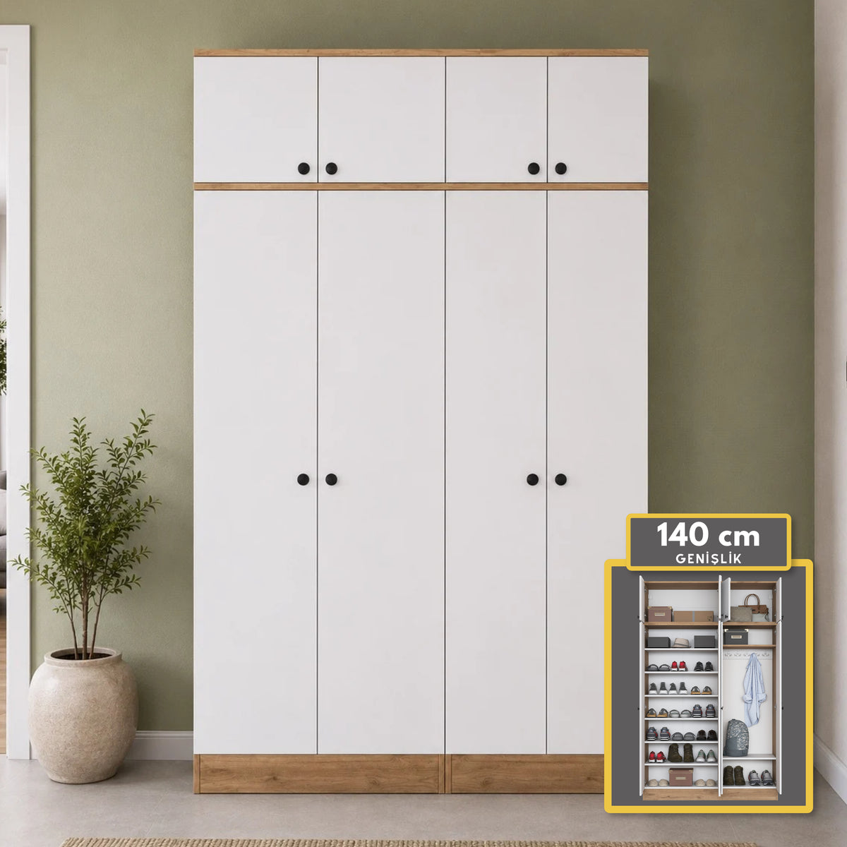 Rani EA168 Modern Portmanto 8 Kapaklı Raflı Askılı Ayakkabılık Vestiyer Sepet Ceviz - Beyaz
