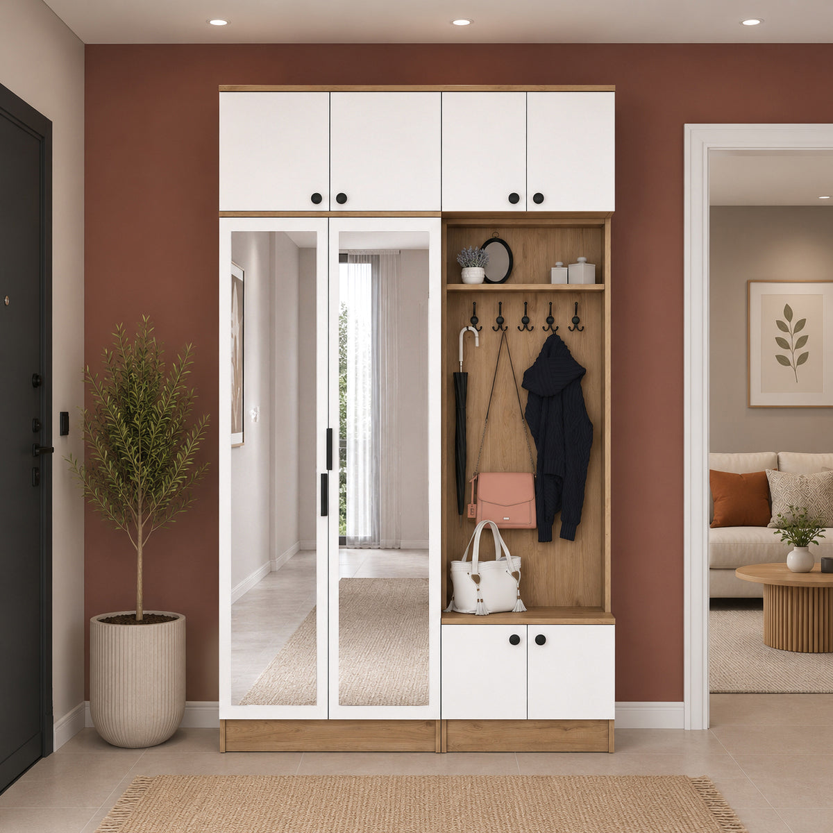 Rani EA166 Modern Portmanto 8 Kapaklı Aynalı Raflı Askılı Ayakkabılık Vestiyer Sepet Ceviz - Beyaz