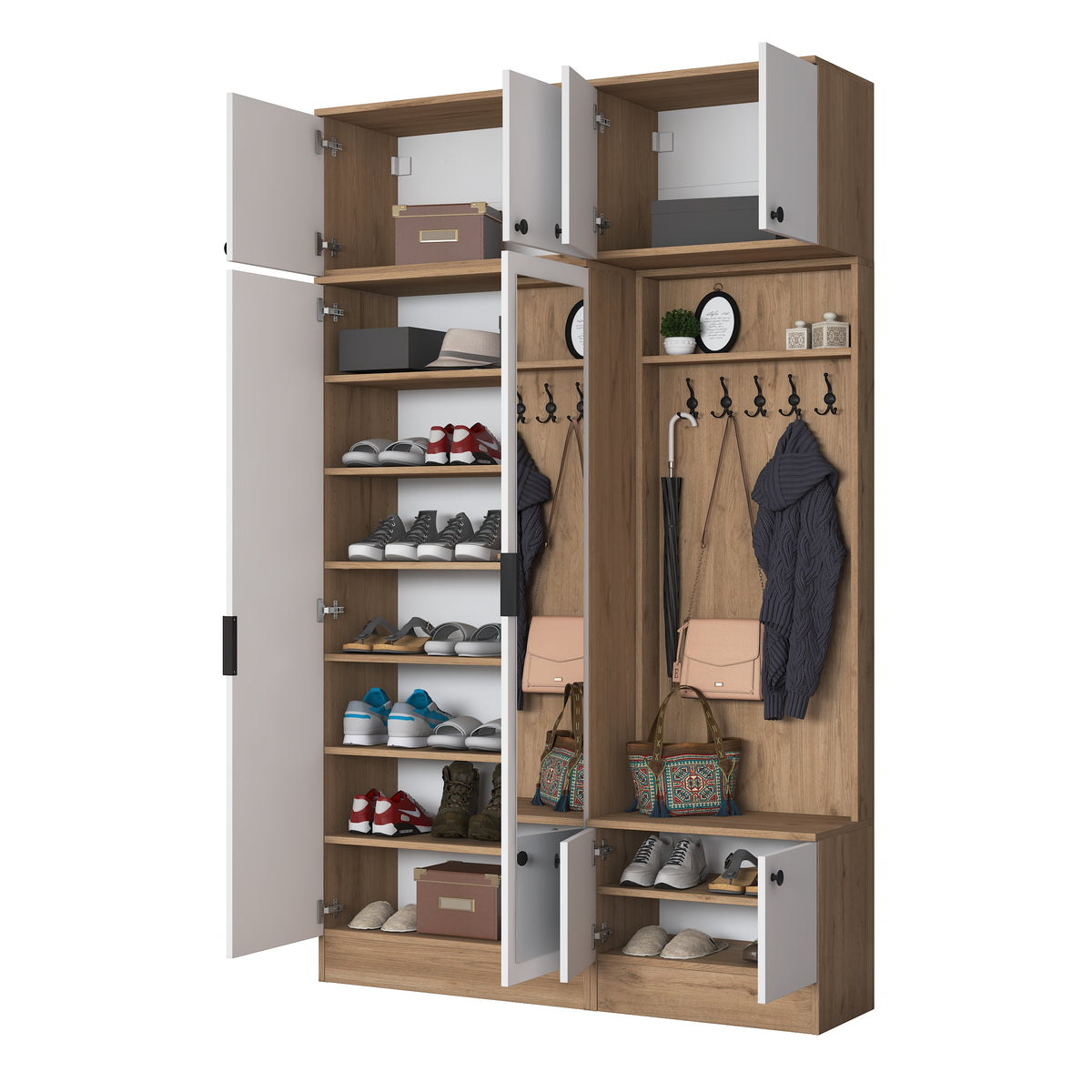 Rani EA166 Modern Portmanto 8 Kapaklı Aynalı Raflı Askılı Ayakkabılık Vestiyer Sepet Ceviz - Beyaz