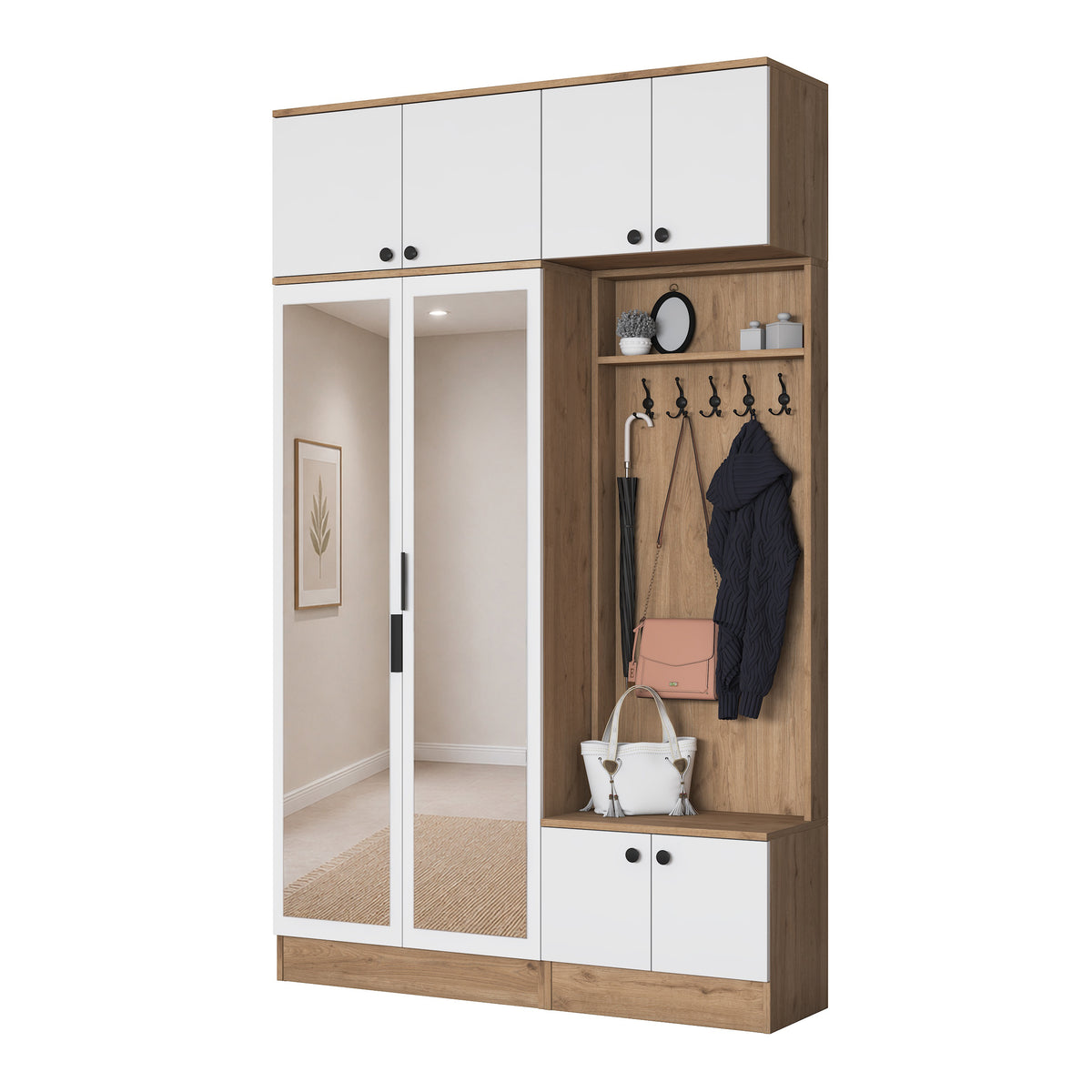 Rani EA166 Modern Portmanto 8 Kapaklı Aynalı Raflı Askılı Ayakkabılık Vestiyer Sepet Ceviz - Beyaz