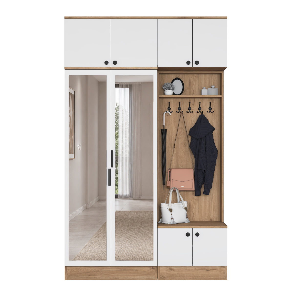 Rani EA166 Modern Portmanto 8 Kapaklı Aynalı Raflı Askılı Ayakkabılık Vestiyer Sepet Ceviz - Beyaz