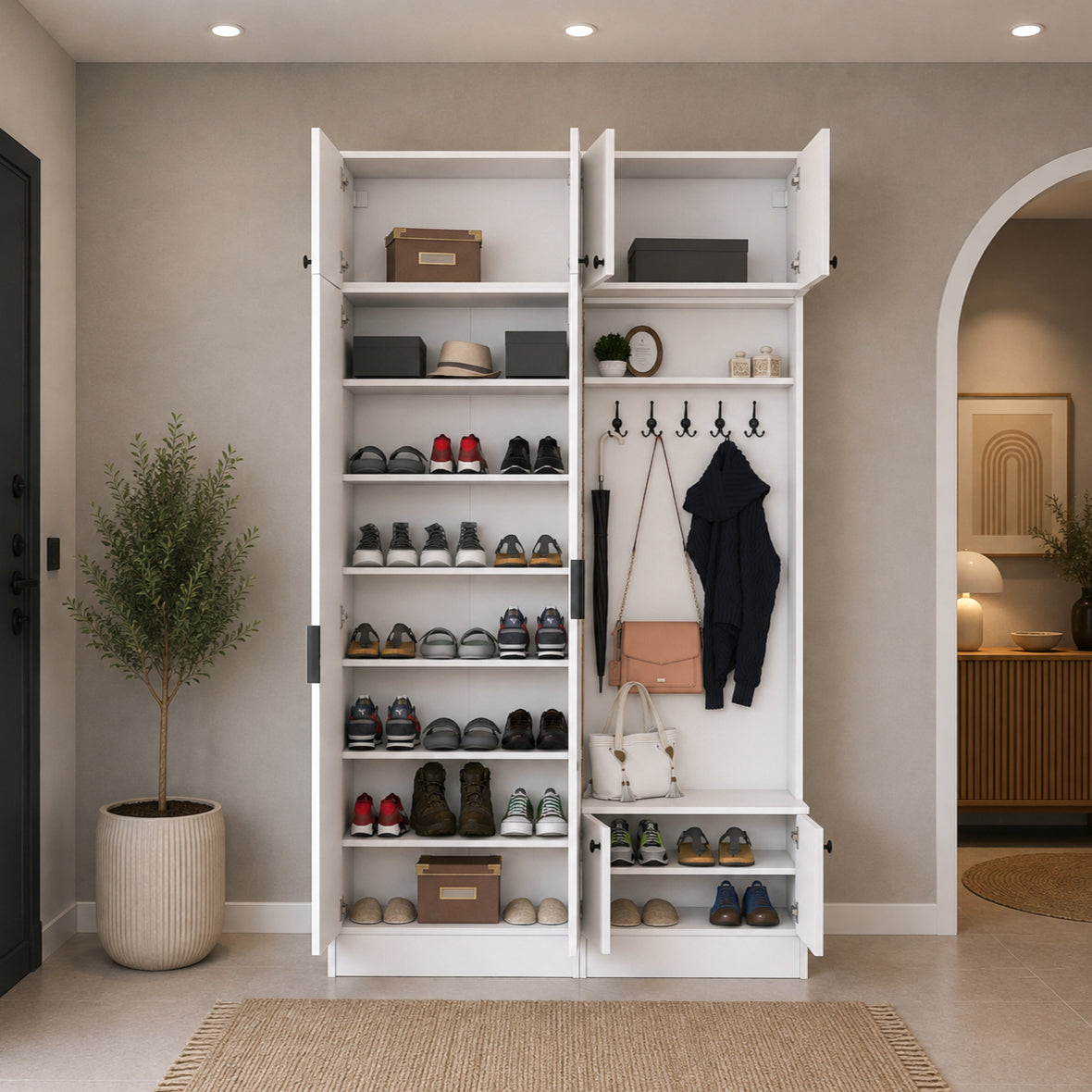 Rani EA166 Modern Portmanto 8 Kapaklı Aynalı Raflı Askılı Ayakkabılık Vestiyer Beyaz