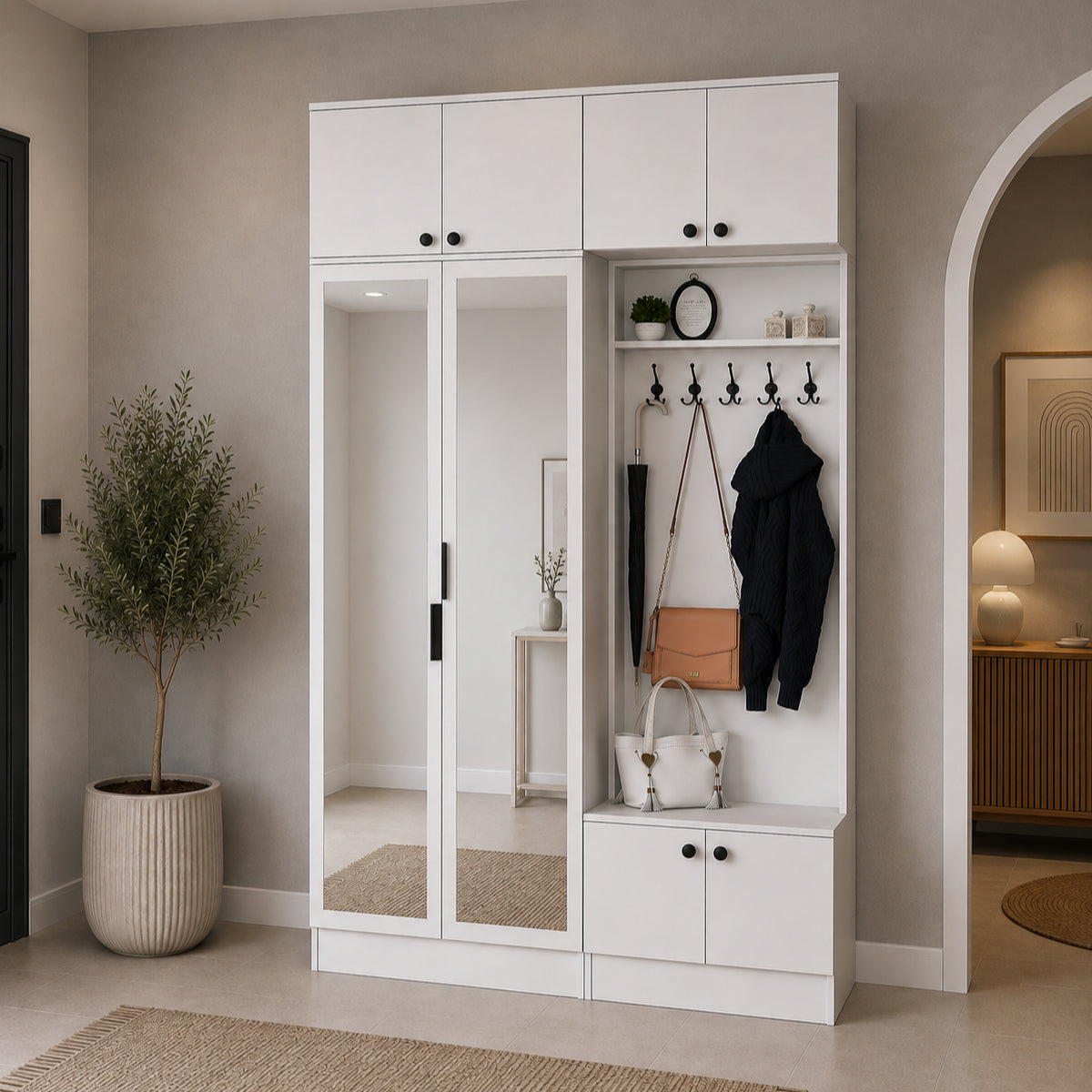 Rani EA166 Modern Portmanto 8 Kapaklı Aynalı Raflı Askılı Ayakkabılık Vestiyer Beyaz