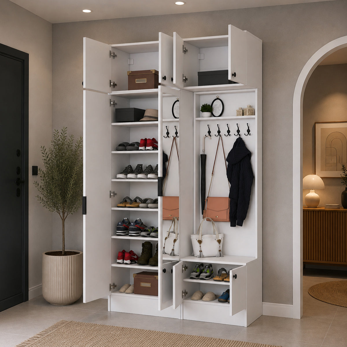 Rani EA166 Modern Portmanto 8 Kapaklı Aynalı Raflı Askılı Ayakkabılık Vestiyer Beyaz