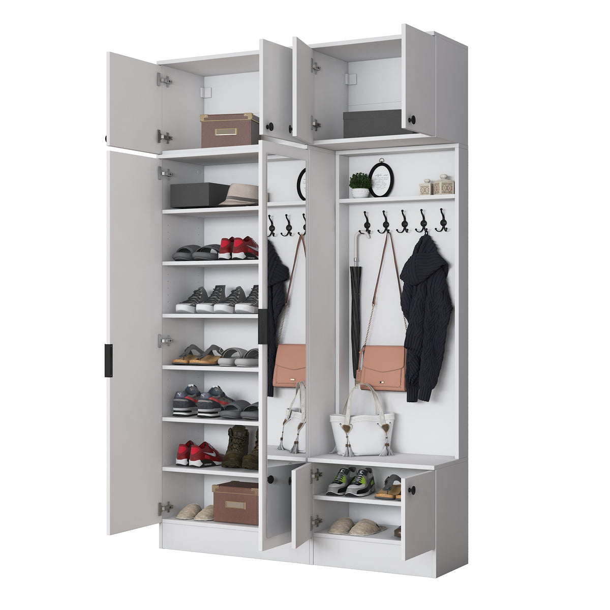 Rani EA166 Modern Portmanto 8 Kapaklı Aynalı Raflı Askılı Ayakkabılık Vestiyer Beyaz