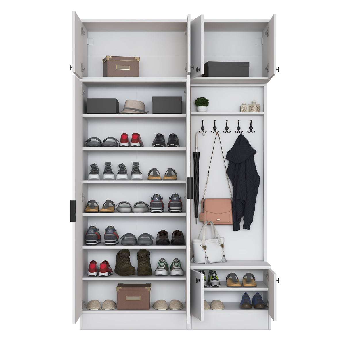 Rani EA166 Modern Portmanto 8 Kapaklı Aynalı Raflı Askılı Ayakkabılık Vestiyer Beyaz