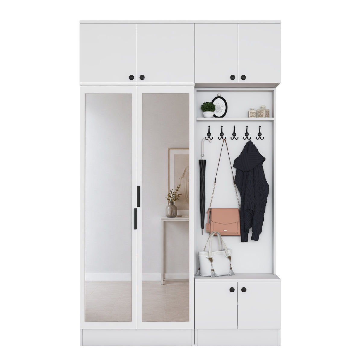Rani EA166 Modern Portmanto 8 Kapaklı Aynalı Raflı Askılı Ayakkabılık Vestiyer Beyaz