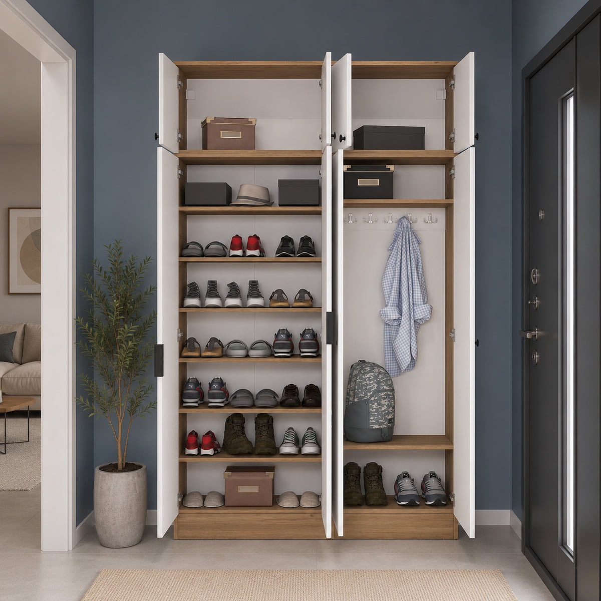 Rani EA164 Modern Portmanto 8 Kapaklı Aynalı Raflı Askılı Ayakkabılık Vestiyer Sepet Ceviz - Beyaz