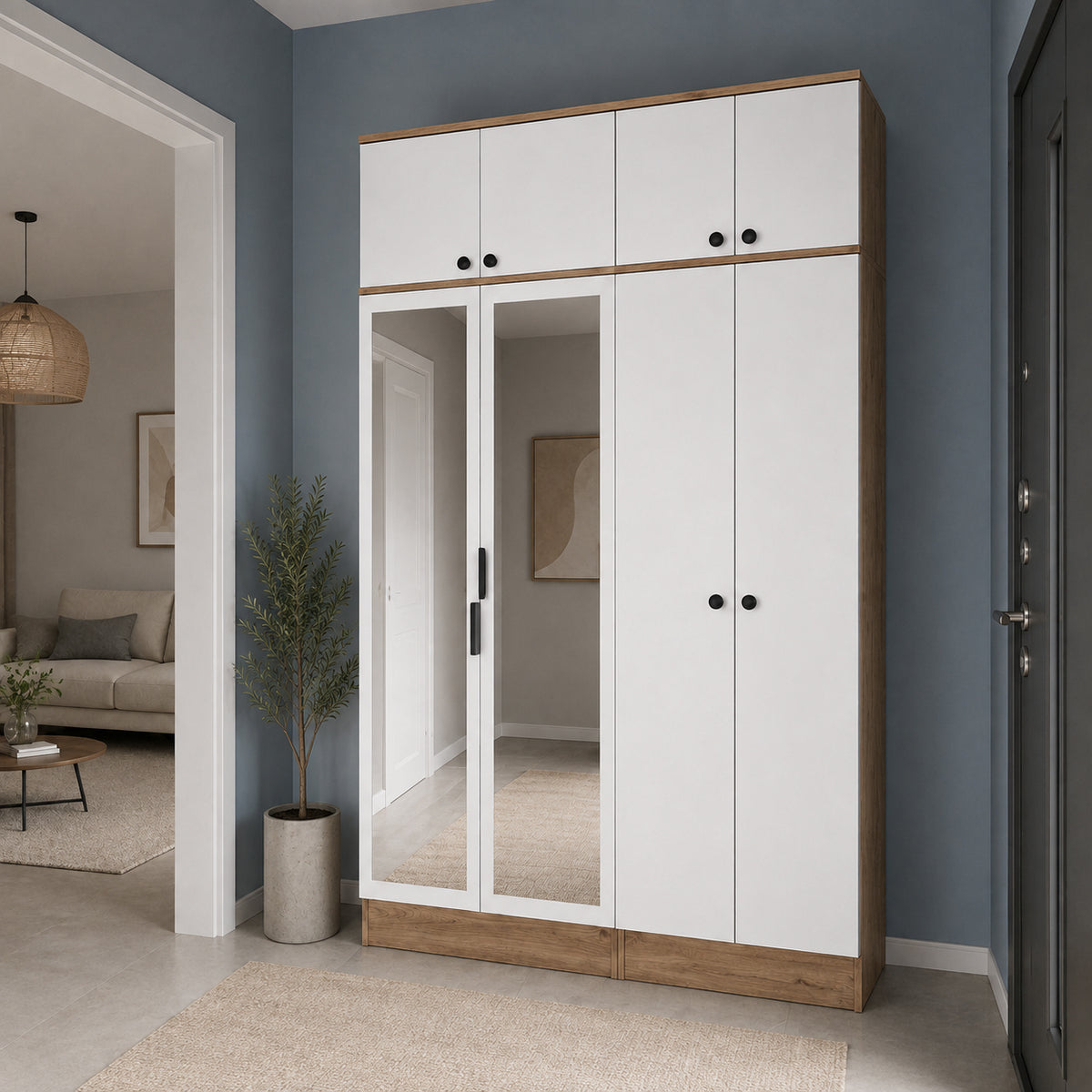 Rani EA164 Modern Portmanto 8 Kapaklı Aynalı Raflı Askılı Ayakkabılık Vestiyer Sepet Ceviz - Beyaz