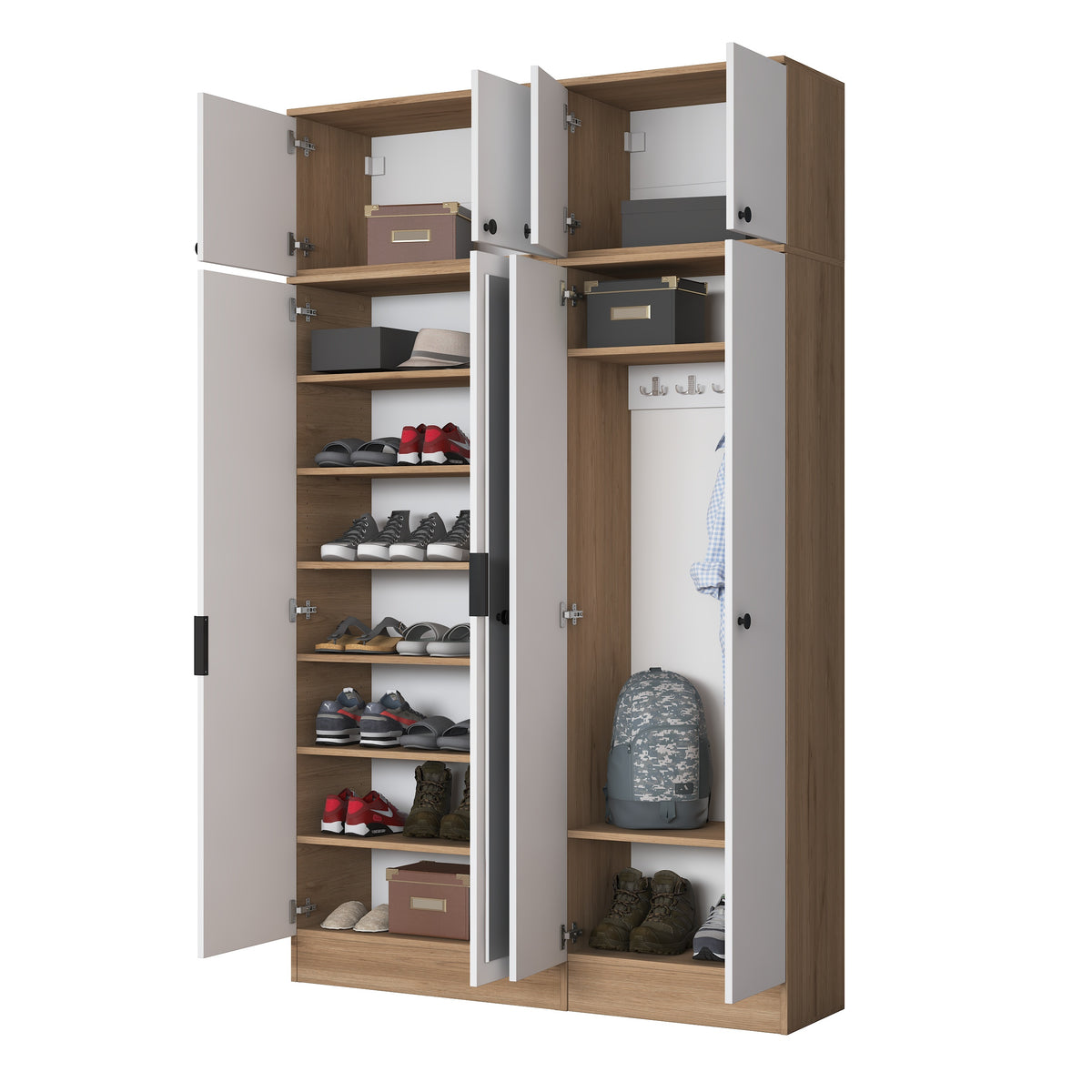 Rani EA164 Modern Portmanto 8 Kapaklı Aynalı Raflı Askılı Ayakkabılık Vestiyer Sepet Ceviz - Beyaz