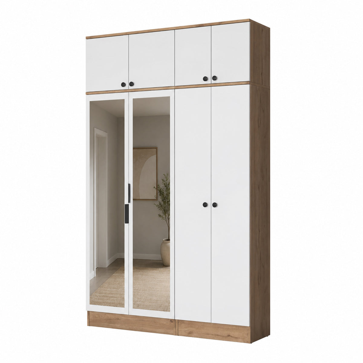 Rani EA164 Modern Portmanto 8 Kapaklı Aynalı Raflı Askılı Ayakkabılık Vestiyer Sepet Ceviz - Beyaz