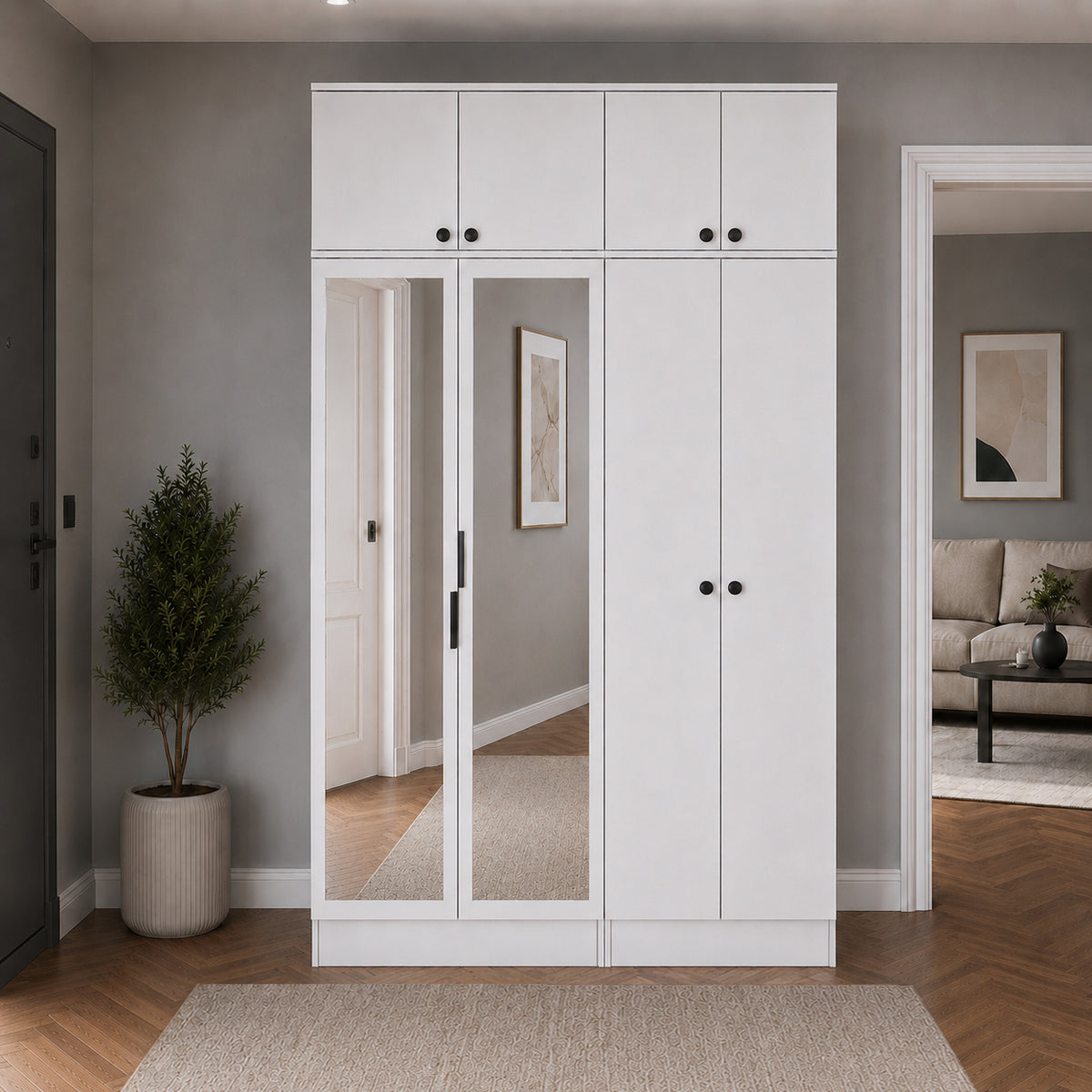 Rani EA164 Modern Portmanto 8 Kapaklı Aynalı Raflı Askılı Ayakkabılık Vestiyer Beyaz