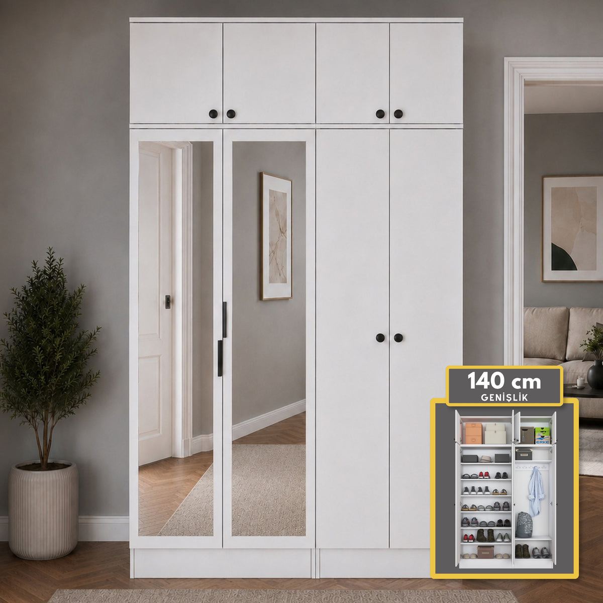Rani EA164 Modern Portmanto 8 Kapaklı Aynalı Raflı Askılı Ayakkabılık Vestiyer Beyaz
