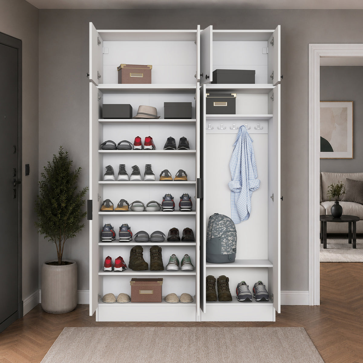 Rani EA164 Modern Portmanto 8 Kapaklı Aynalı Raflı Askılı Ayakkabılık Vestiyer Beyaz
