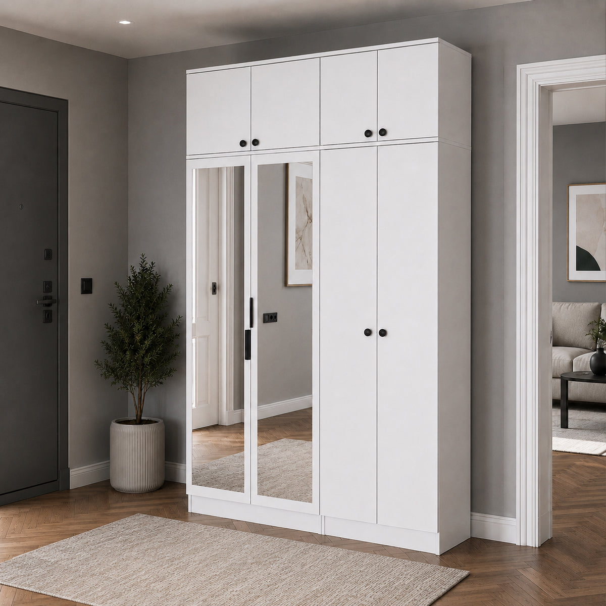 Rani EA164 Modern Portmanto 8 Kapaklı Aynalı Raflı Askılı Ayakkabılık Vestiyer Beyaz