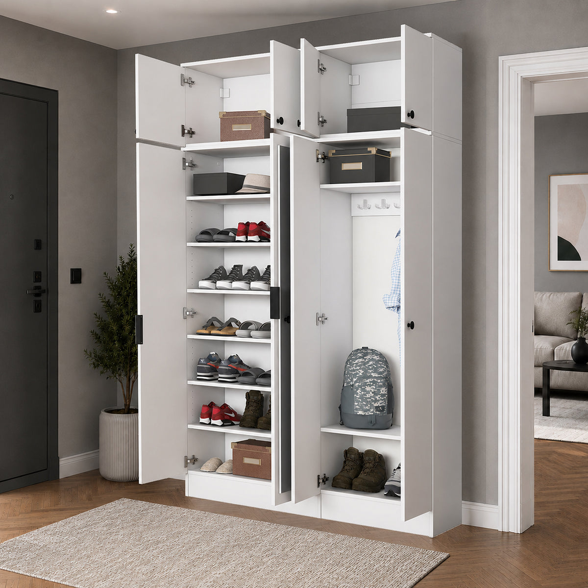 Rani EA164 Modern Portmanto 8 Kapaklı Aynalı Raflı Askılı Ayakkabılık Vestiyer Beyaz