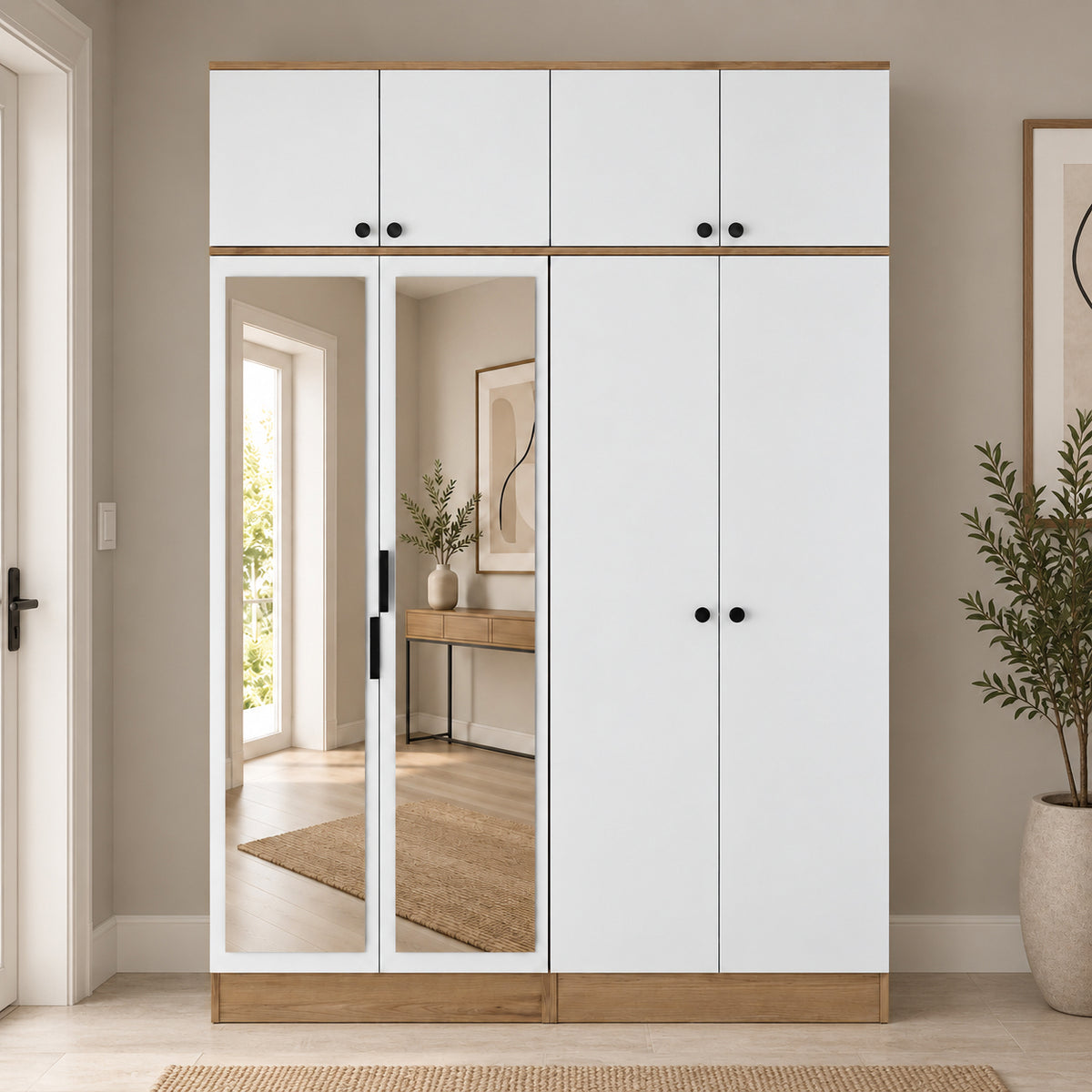 Rani EA177 Modern Portmanto 8 Kapaklı Aynalı Raflı Askılı Ayakkabılık Vestiyer Sepet Ceviz - Beyaz