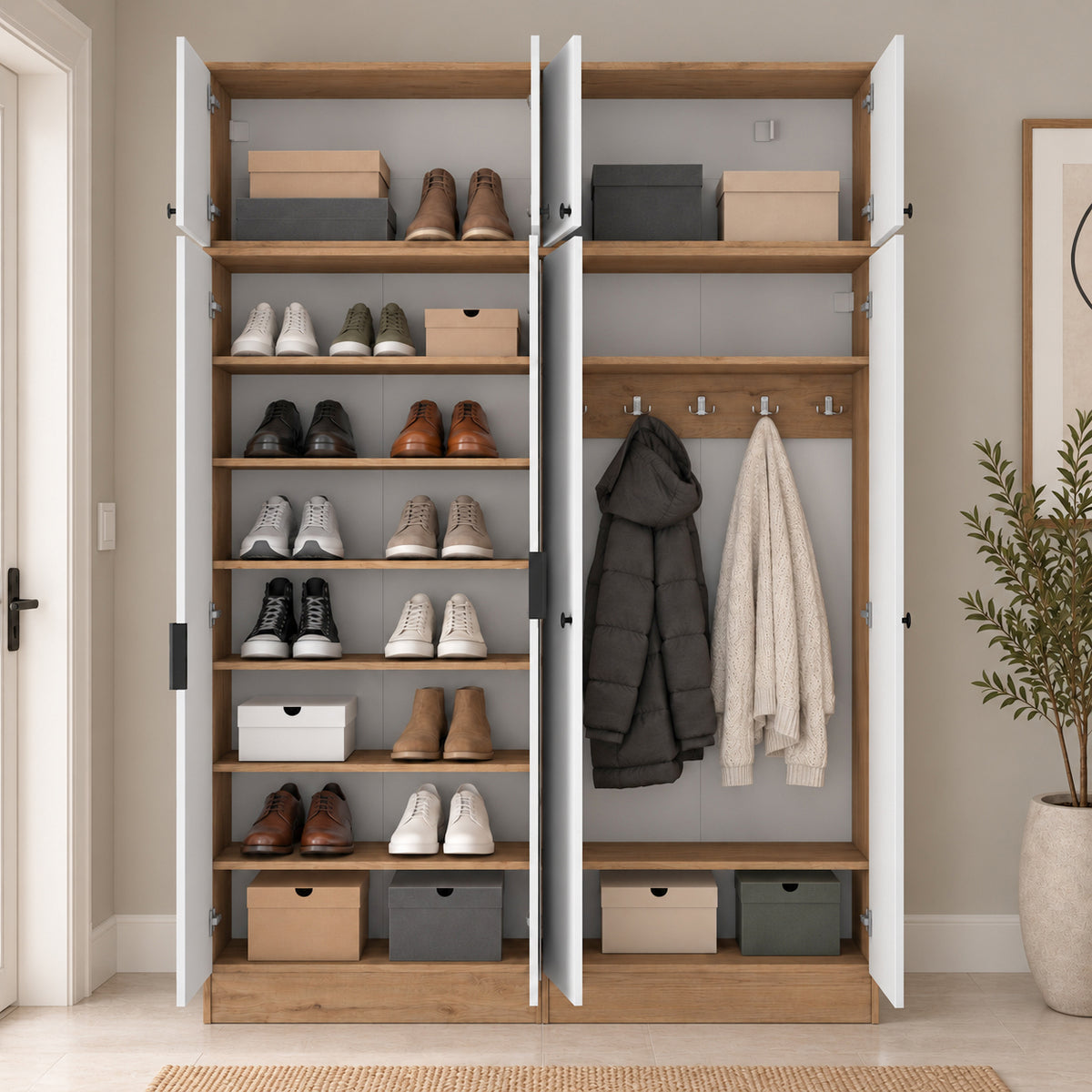 Rani EA177 Modern Portmanto 8 Kapaklı Aynalı Raflı Askılı Ayakkabılık Vestiyer Sepet Ceviz - Beyaz