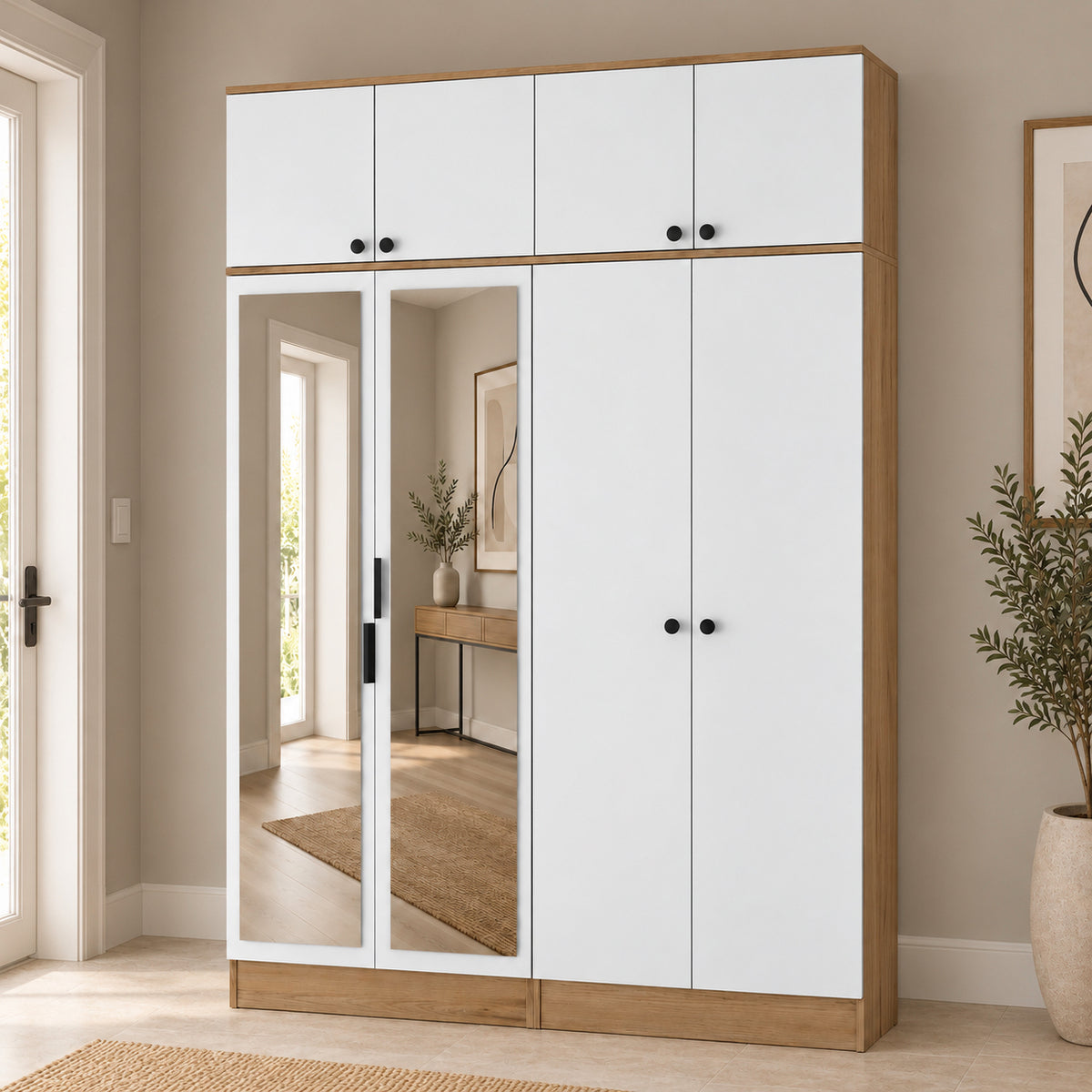 Rani EA177 Modern Portmanto 8 Kapaklı Aynalı Raflı Askılı Ayakkabılık Vestiyer Sepet Ceviz - Beyaz