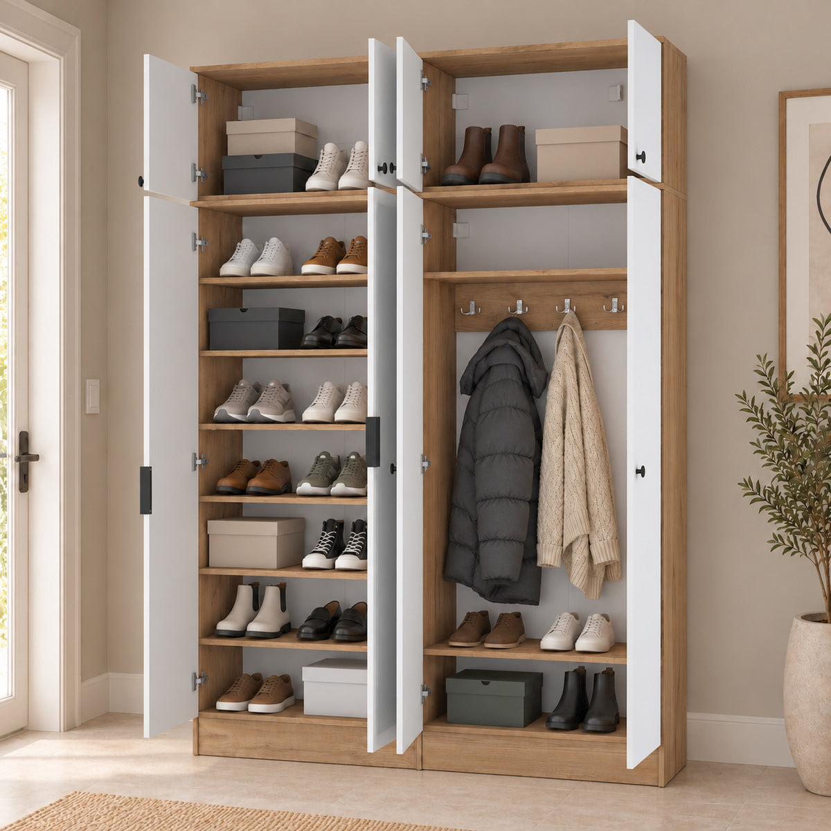 Rani EA177 Modern Portmanto 8 Kapaklı Aynalı Raflı Askılı Ayakkabılık Vestiyer Sepet Ceviz - Beyaz
