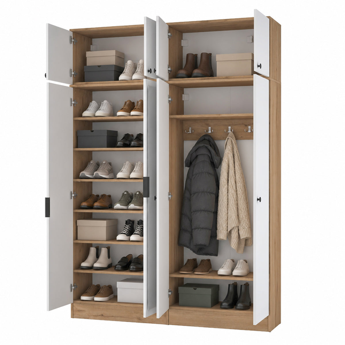 Rani EA177 Modern Portmanto 8 Kapaklı Aynalı Raflı Askılı Ayakkabılık Vestiyer Sepet Ceviz - Beyaz