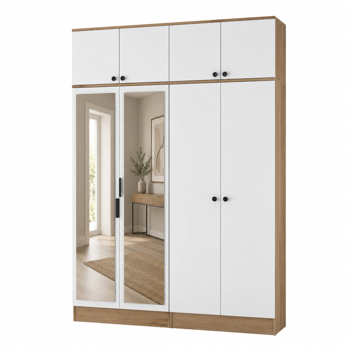 Rani EA177 Modern Portmanto 8 Kapaklı Aynalı Raflı Askılı Ayakkabılık Vestiyer Sepet Ceviz - Beyaz