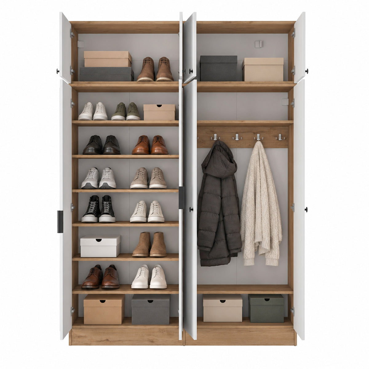 Rani EA177 Modern Portmanto 8 Kapaklı Aynalı Raflı Askılı Ayakkabılık Vestiyer Sepet Ceviz - Beyaz
