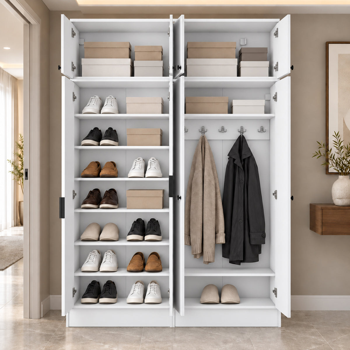 Rani EA177 Modern Portmanto 8 Kapaklı Aynalı Raflı Askılı Ayakkabılık Vestiyer Beyaz