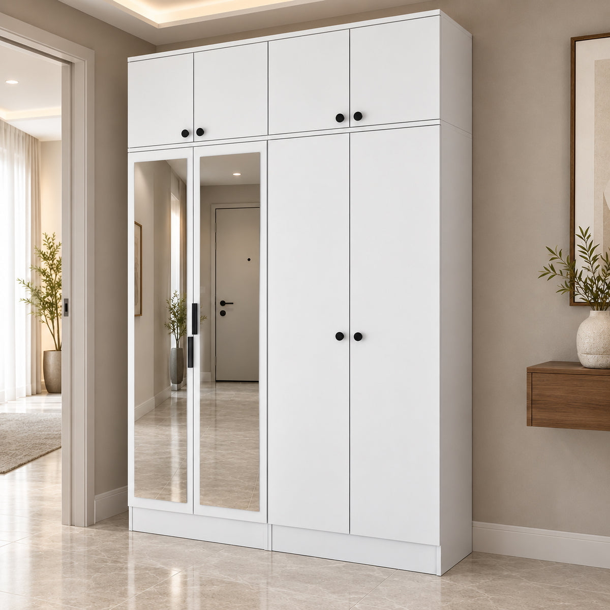 Rani EA177 Modern Portmanto 8 Kapaklı Aynalı Raflı Askılı Ayakkabılık Vestiyer Beyaz
