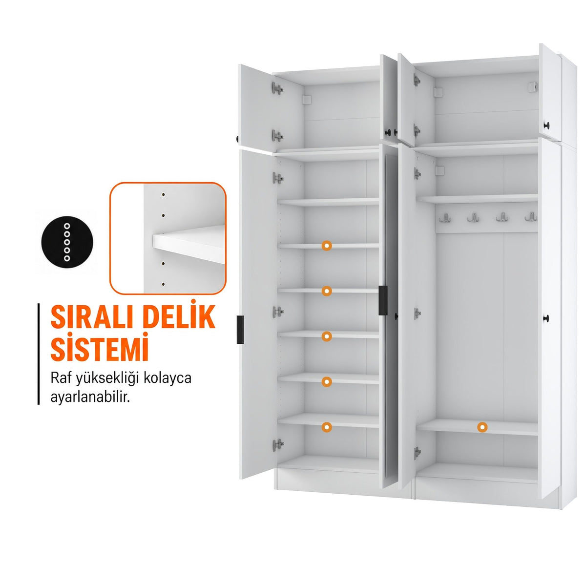 Rani EA177 Modern Portmanto 8 Kapaklı Aynalı Raflı Askılı Ayakkabılık Vestiyer Beyaz