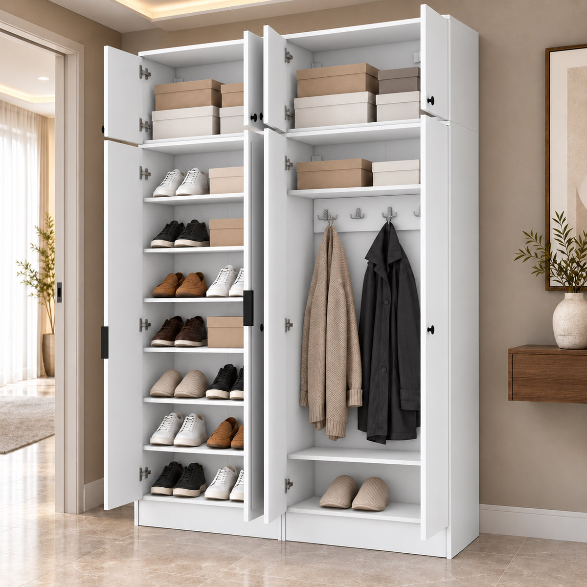Rani EA177 Modern Portmanto 8 Kapaklı Aynalı Raflı Askılı Ayakkabılık Vestiyer Beyaz