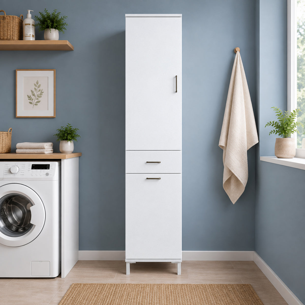 Rani KC120 Banyo Dolabı Düşer Kapaklı Raflı Çamaşır Sepeti Bölmeli Çok Amaçlı Dolap Beyaz