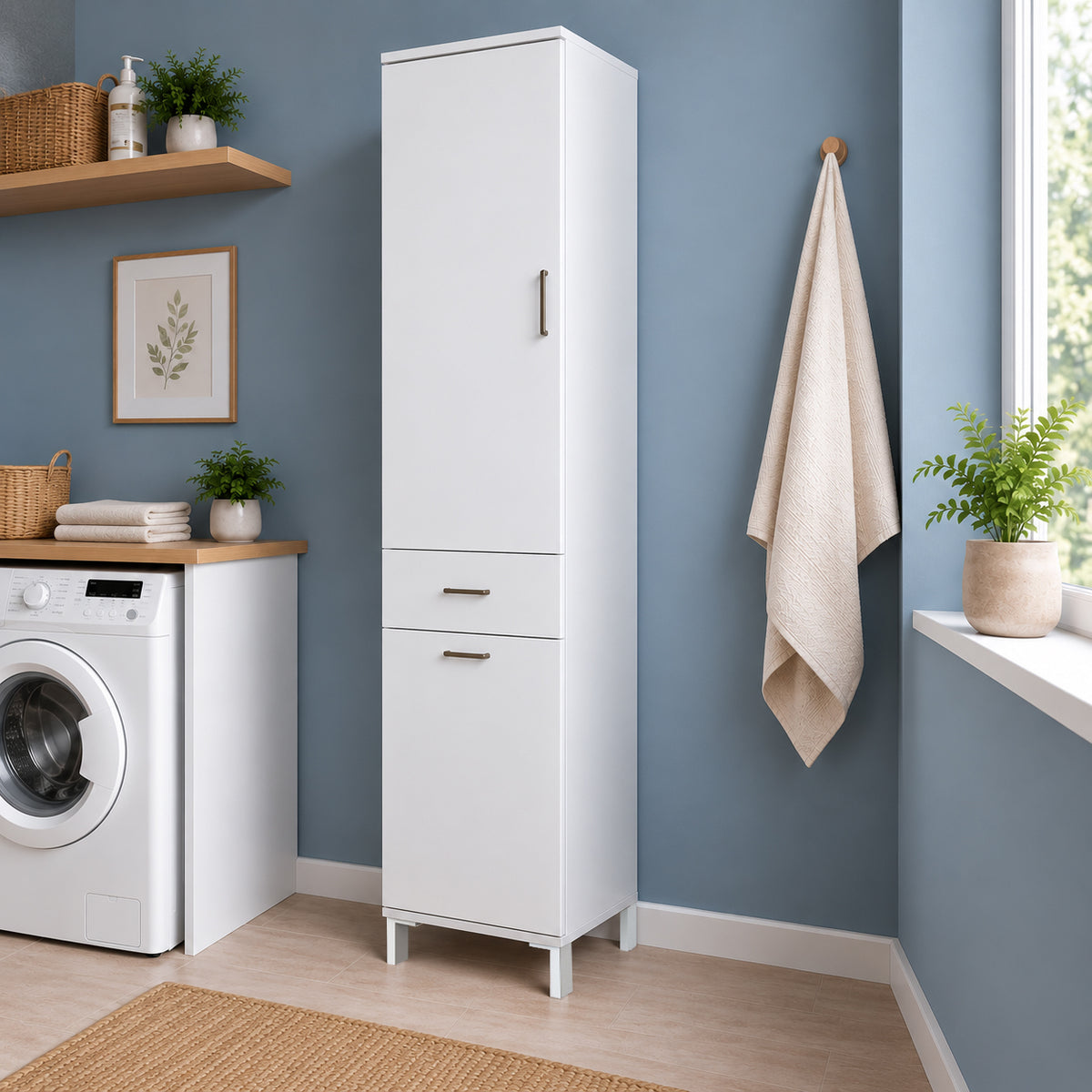 Rani KC120 Banyo Dolabı Düşer Kapaklı Raflı Çamaşır Sepeti Bölmeli Çok Amaçlı Dolap Beyaz