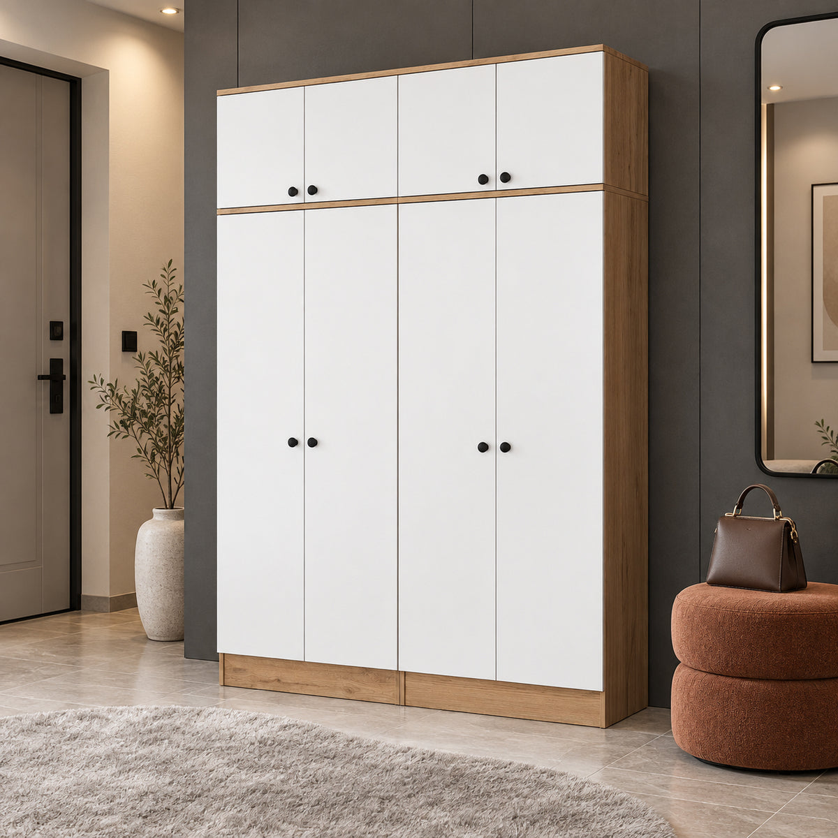 Rani EA176 Modern Portmanto 8 Kapaklı Raflı Askılı Ayakkabılık Vestiyer Sepet Ceviz - Beyaz