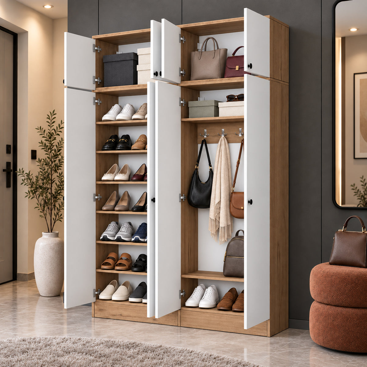 Rani EA176 Modern Portmanto 8 Kapaklı Raflı Askılı Ayakkabılık Vestiyer Sepet Ceviz - Beyaz