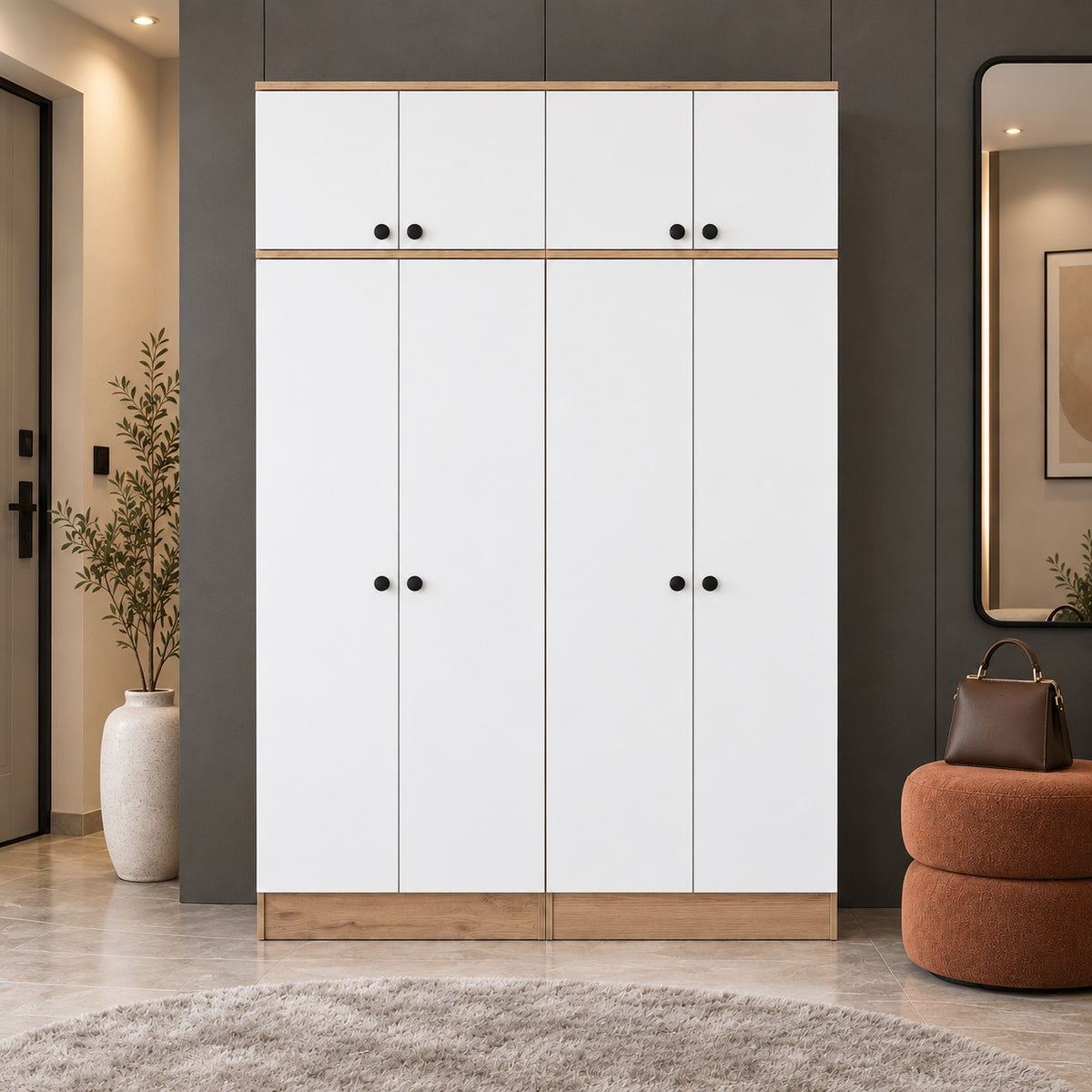 Rani EA176 Modern Portmanto 8 Kapaklı Raflı Askılı Ayakkabılık Vestiyer Sepet Ceviz - Beyaz