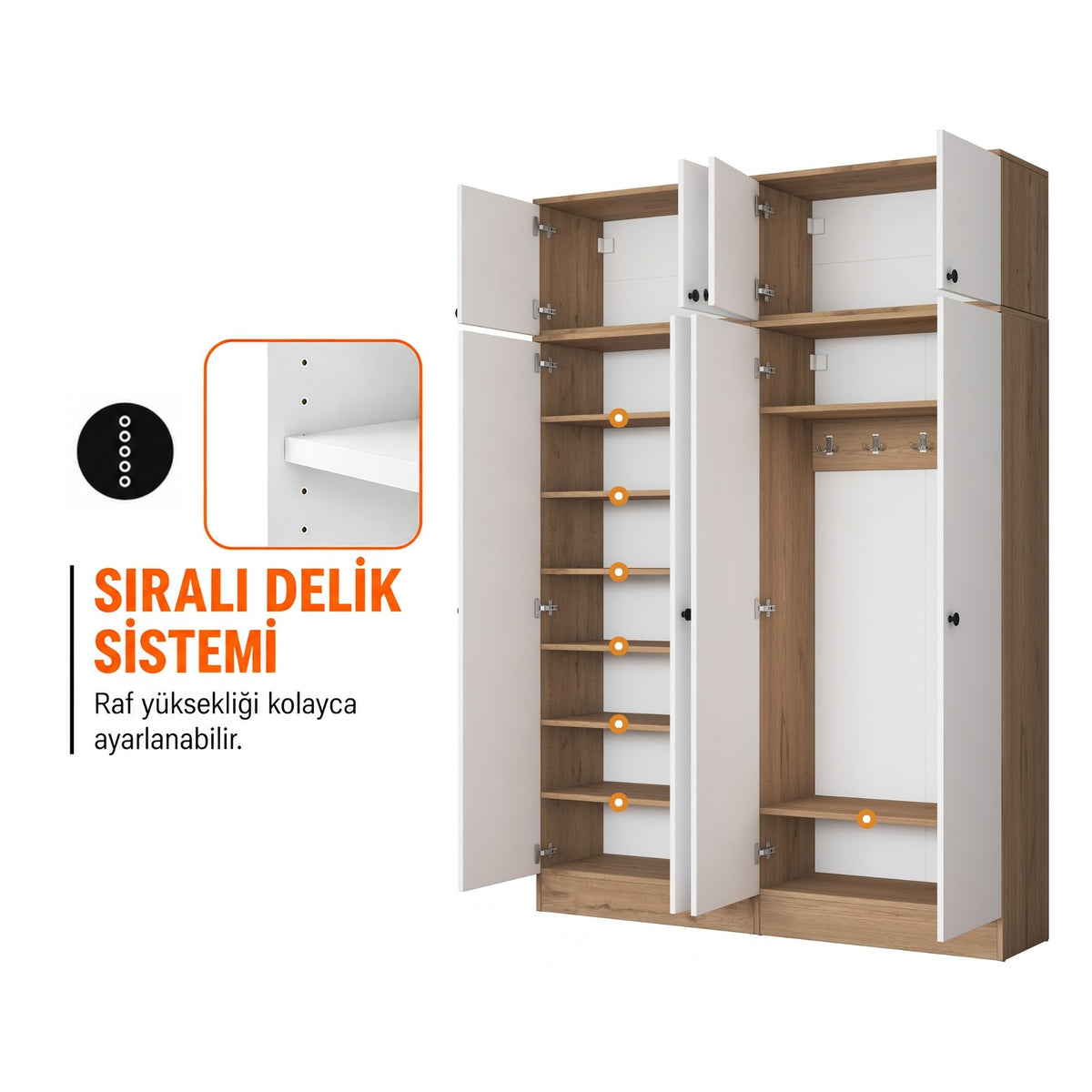 Rani EA176 Modern Portmanto 8 Kapaklı Raflı Askılı Ayakkabılık Vestiyer Sepet Ceviz - Beyaz