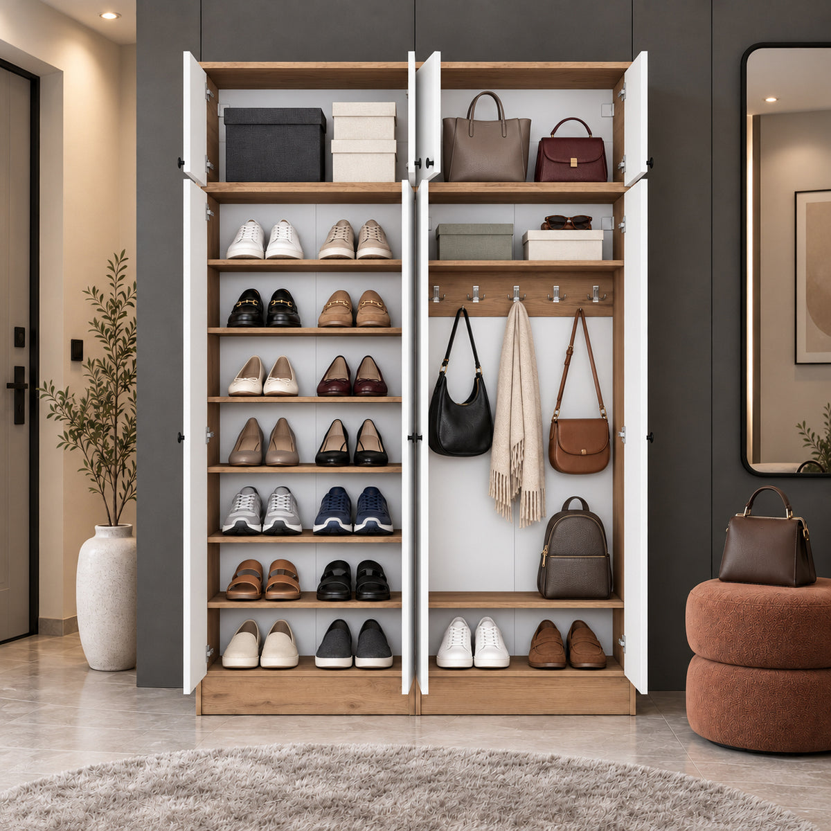 Rani EA176 Modern Portmanto 8 Kapaklı Raflı Askılı Ayakkabılık Vestiyer Sepet Ceviz - Beyaz