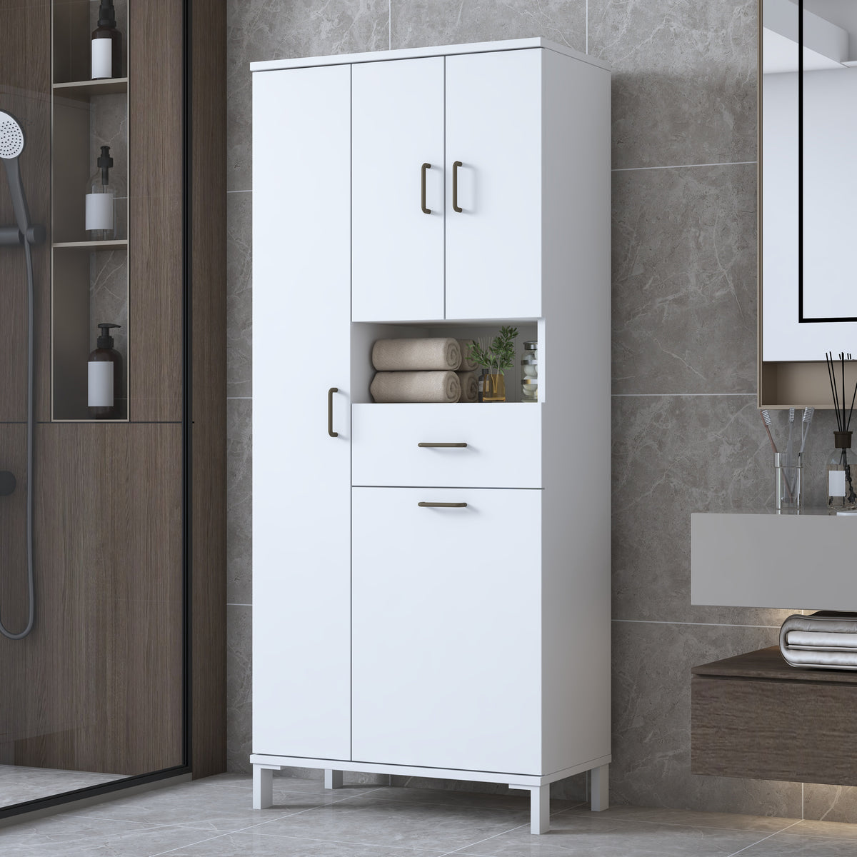 Rani KC122 Banyo Dolabı Düşer Kapaklı Raflı Çekmeceli Çamaşır Sepeti Bölmeli Çok Amaçlı Dolap Beyaz